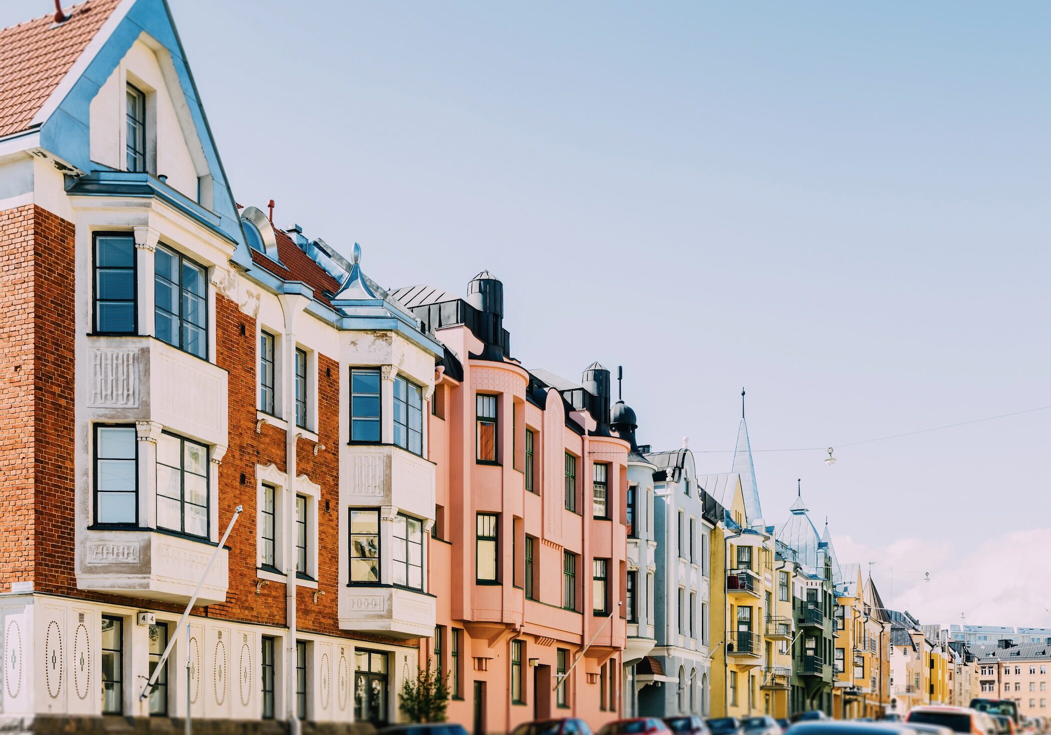 street of coloured houses on a Sunny day in Helsinki